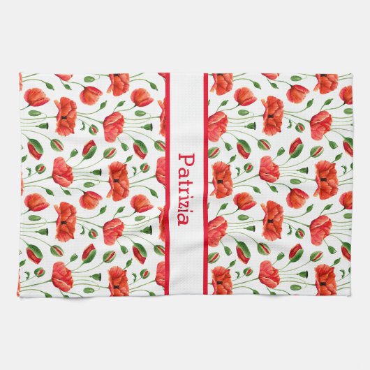 ワイルドフラワーレッドポピー花柄名前をカスタムする キッチンタオル (横)