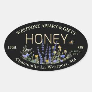 ワイルドフラワーローカル生ハニーラベルビーブラック金ゴールド 楕円形シール