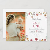 ワイルドフラワーワイルドワンファースト誕生日写真 招待状 (正面/裏面)