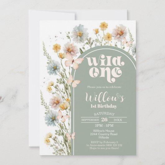 ワイルドフラワーワイルドワン誕生日招待状ボホセージ 招待状 (正面)