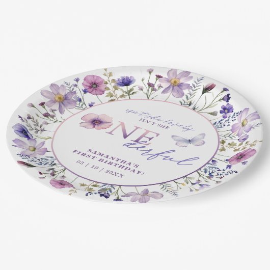 ワイルドフラワーワンダーフル1歳の誕生日プレート – 紫 ペーパープレート (アングル)