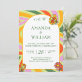 ワイルドフラワーヴィンテージフローラレインボー結婚レトロ 招待状 (スタンド正面)