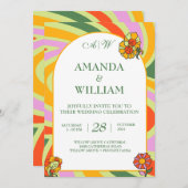 ワイルドフラワーヴィンテージフローラレインボー結婚レトロ 招待状 (正面/裏面)