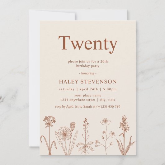ワイルドフラワー二十枚ベージュテラコッタ20誕生日 招待状 (正面)