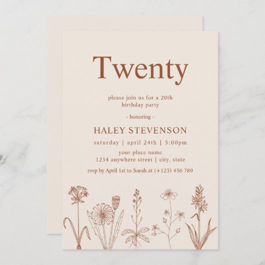 ワイルドフラワー二十枚ベージュテラコッタ20誕生日 招待状 (正面/裏面)