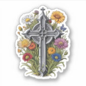 ワイルドフラワー付きゴシック体の十字架 シール (正面)