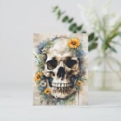 ワイルドフラワー付き水彩スカル ポストカード (スタンド正面)