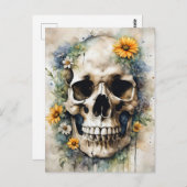 ワイルドフラワー付き水彩スカル ポストカード (正面/裏面)