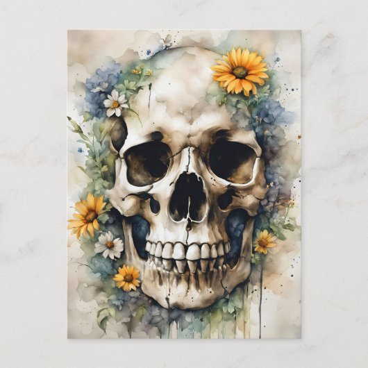 ワイルドフラワー付き水彩スカル ポストカード (正面)