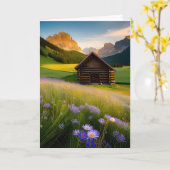 ワイルドフラワー付マウンテンキャビン誕生日 カード (黄色い花)