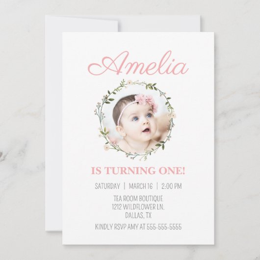 ワイルドフラワー優美ピンクフラワーフォトガール誕生日 招待状 (正面)