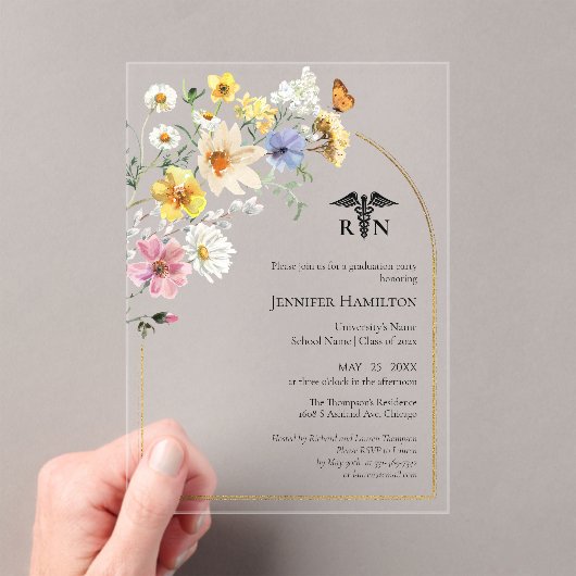 ワイルドフラワー医療看護学校卒業パーティー写真 アクリル招待状 (インサイチュ (ポータブル))