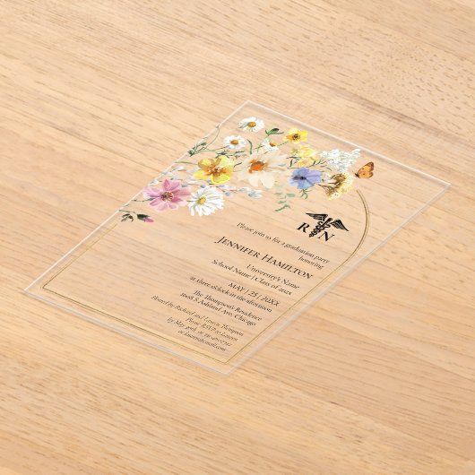 ワイルドフラワー医療看護学校卒業パーティー写真 アクリル招待状 (レイダウン)