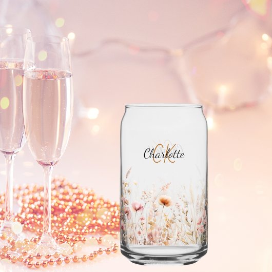 ワイルドフラワー名前をカスタムするスクリプトのモノグラムイニシャル ガラス缶