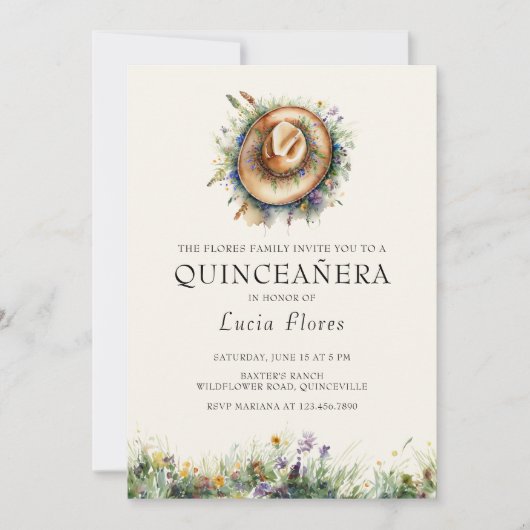 ワイルドフラワー女性のカーボーイハットエレガンス素朴キンセアニェラ 招待状 (正面)