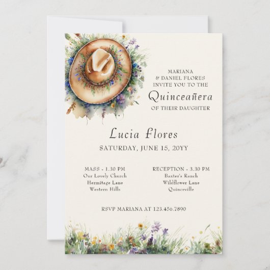 ワイルドフラワー女性のカーボーイハット素朴キンセアニェラとミサ 招待状 (正面)