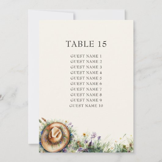 ワイルドフラワー女性のカーボーイ素朴シーティングプランカード 招待状 (正面)