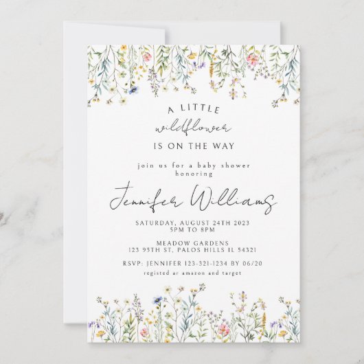 ワイルドフラワー小さな花の女の子の赤ちゃんシャワーの招待 招待状 (正面)