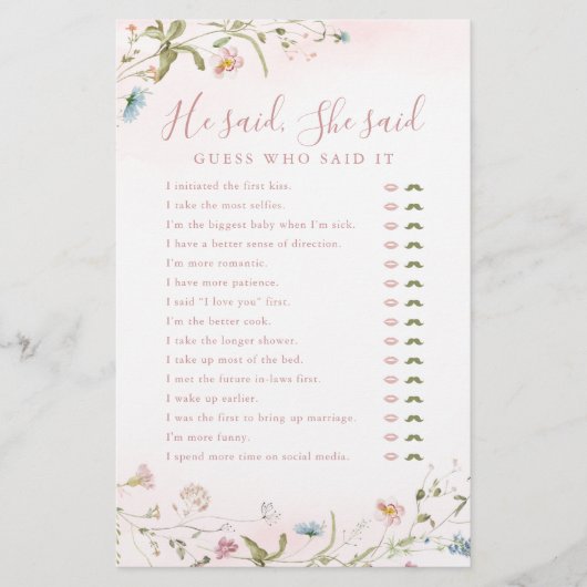 ワイルドフラワー彼は彼女はブライダルシャワーゲームを言った (正面)