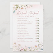 ワイルドフラワー彼は彼女はブライダルシャワーゲームを言った (正面/裏面)