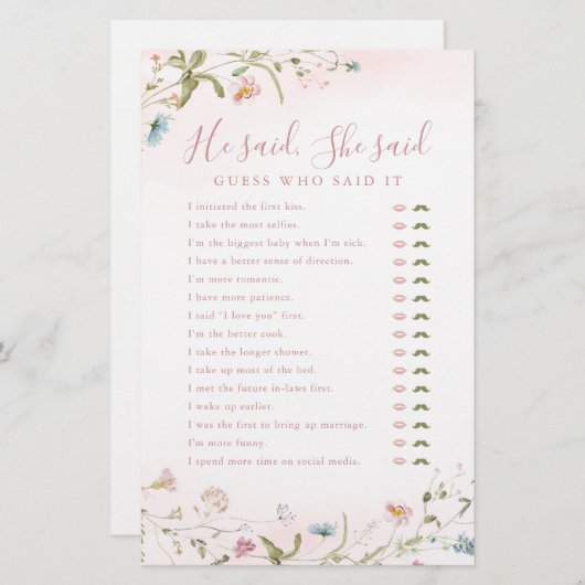 ワイルドフラワー彼は彼女はブライダルシャワーゲームを言った (正面/裏面)