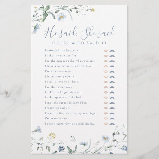 ワイルドフラワー彼は彼女はブライダルシャワーゲームを言った (正面)