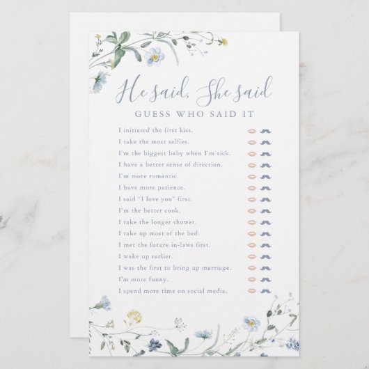 ワイルドフラワー彼は彼女はブライダルシャワーゲームを言った (正面/裏面)