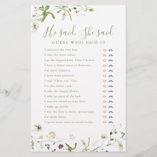 ワイルドフラワー彼は彼女はブライダルシャワーゲームを言った (正面)