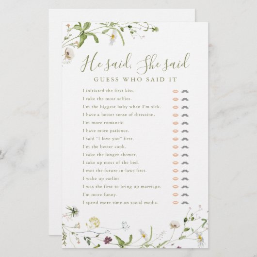 ワイルドフラワー彼は彼女はブライダルシャワーゲームを言った (正面/裏面)