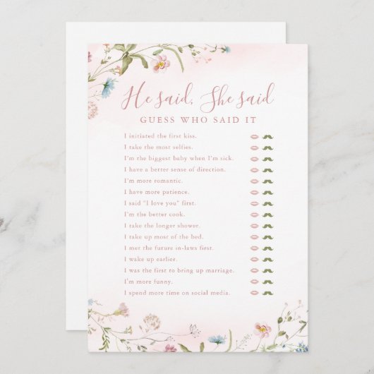 ワイルドフラワー彼は彼女はブライダルシャワーゲームを言った 招待状 (正面/裏面)