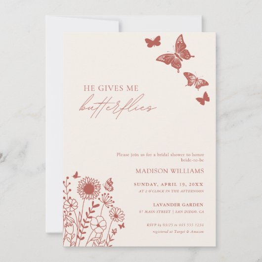 ワイルドフラワー彼与え私の蝶ブライダルシャワー 招待状 (正面)