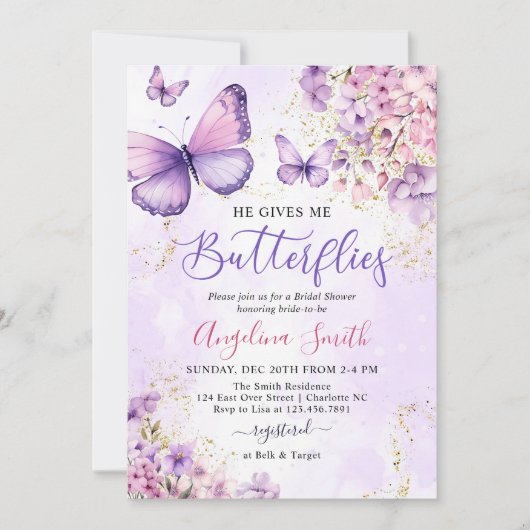 ワイルドフラワー彼与え私の蝶ブライダルシャワー 招待状 (正面)