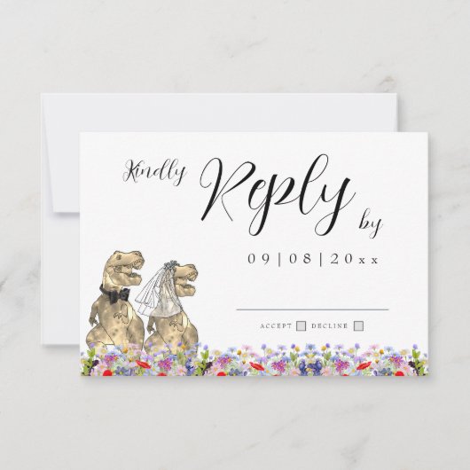 ワイルドフラワー恐竜テーマ結婚の返信 出欠カード (正面)