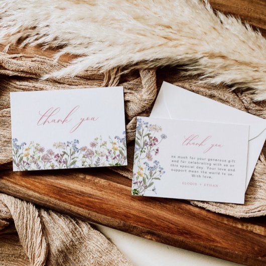 ワイルドフラワー感謝カード ピンクの花 モダン ボヘミアンフラワー サンキューカード