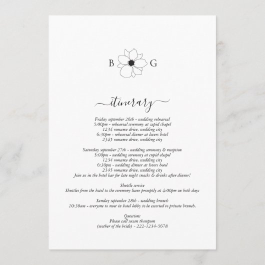 ワイルドフラワー手描きモノグラム結婚の旅程 プログラム (裏面)
