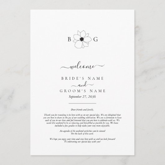 ワイルドフラワー手描きモノグラム結婚の旅程 プログラム (正面)