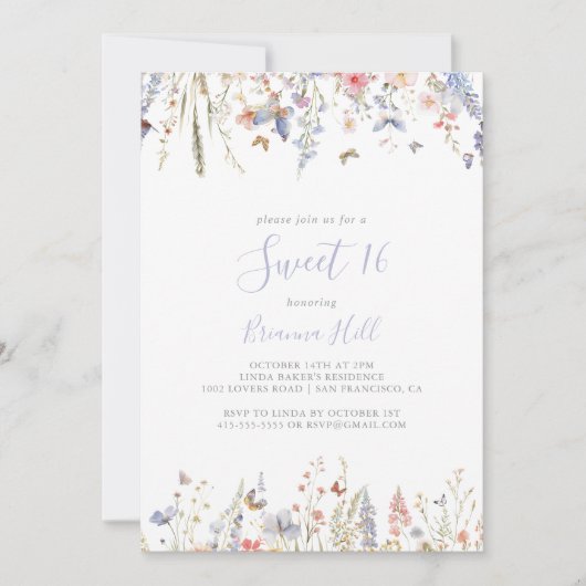 ワイルドフラワー数々のスウィート16バースデーパーティー 招待状 (正面)