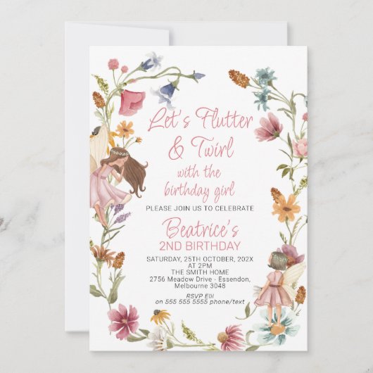 ワイルドフラワー数々のリースと妖精誕生日 招待状 (正面)
