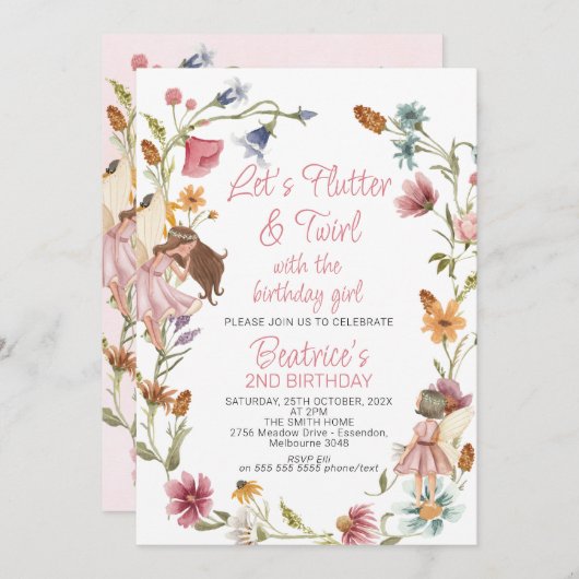 ワイルドフラワー数々のリースと妖精誕生日 招待状 (正面/裏面)