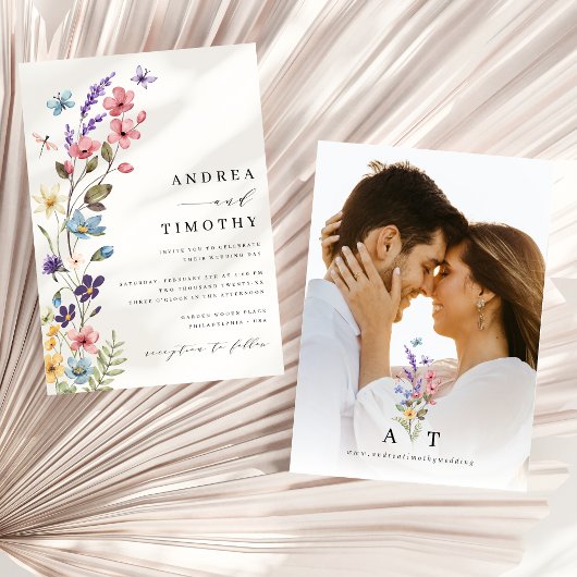 ワイルドフラワー春サマーモノグラム結婚の写真 招待状
