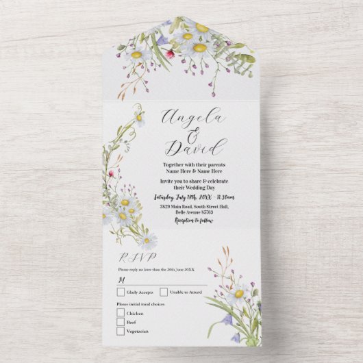 ワイルドフラワー春デリケートな結婚式の招待&RSVP オールインワン招待状 (内側)