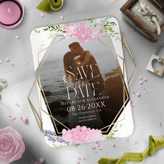 ワイルドフラワー春写真結婚式の日付を保存 マグネット