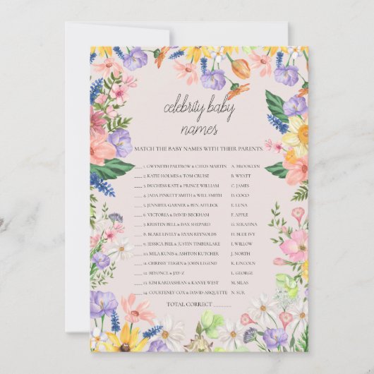 ワイルドフラワー春有名人ベビーネームゲームカード 招待状 (正面)