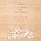 ワイルドフラワー春赤面ピンク結婚フローラ アクリル招待状 (正面)