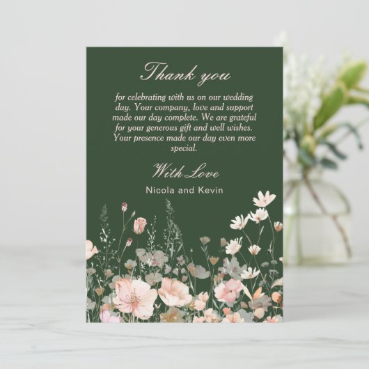 ワイルドフラワー春赤面ピンク結婚フローラ サンキューカード (スタンド正面)