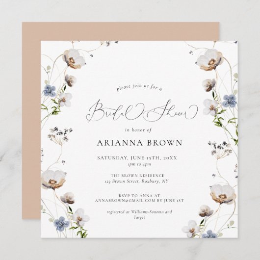 ワイルドフラワー書道のブライダルシャワーへの招待 招待状 (正面/裏面)