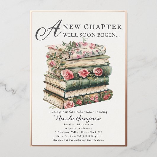 ワイルドフラワー本をテーマにした赤ちゃんシャワーフォイル招待状 箔招待状 (正面)