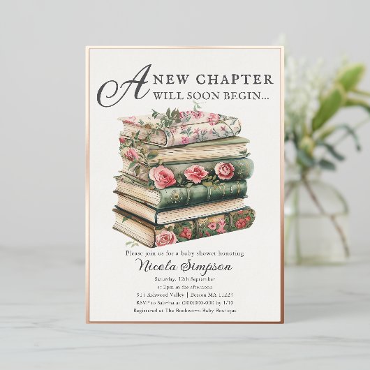 ワイルドフラワー本をテーマにした赤ちゃんシャワーフォイル招待状 箔招待状 (立ち正面)