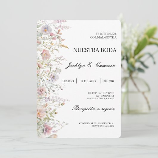 ワイルドフラワー水彩スペインの結婚式招待状 招待状 (スタンド正面)