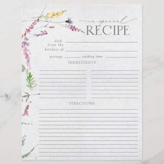 ワイルドフラワー水彩ブライダルシャワーレシピページ (正面)